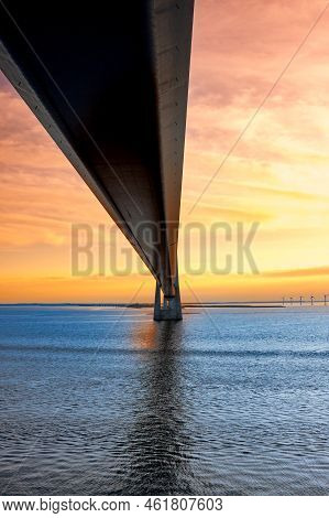 Great Belt Suspension Bridge At Sunset, Denmark