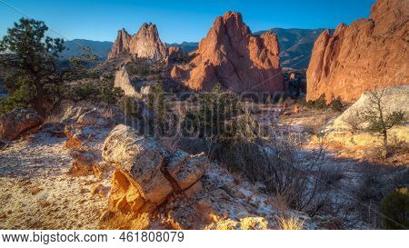 Sunrise At Garden Of The Gods Rock Formation In Colorado.