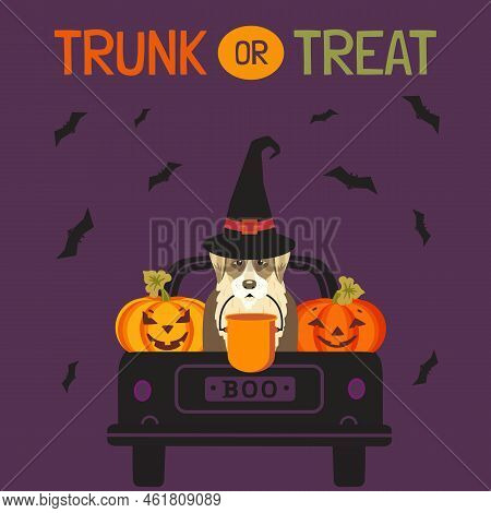 Halloween Spooky Trunk Or Treat Cute Vector Poster. Halloween Truck With Dog In Witch Hat, Candy Buc