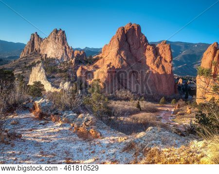 Sunrise At Garden Of The Gods Rock Formation In Colorado.