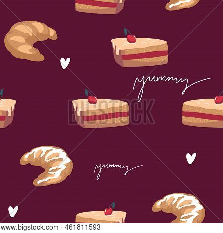 Seamless Pattern With Tasty Fresh Crunchy Croissants, Breadcrumbs. Background For Design Menu Cafe,