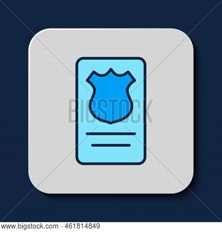 Filled Outline Police Badge With Id Case Icon Isolated On Blue Background. Vector