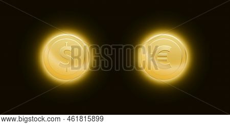 Set Of Gold Dollar And Euro Coins With A Bright Glow On Dark Background. Vector Illustration