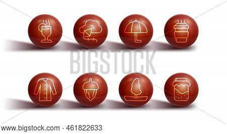 Set Line Mulled Wine, Raincoat, Coffee Cup To Go, Tree, Acorn, Kite, Jam Jar And Umbrella Icon. Vect