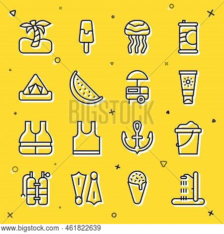 Set Line Beach Shower, Sand In Bucket, Sunscreen Cream Tube, Jellyfish, Watermelon, Tourist Tent, Tr