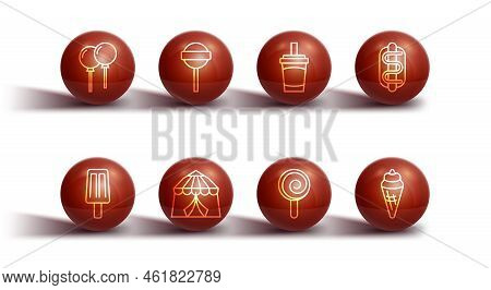 Set Line Balloons With Ribbon, Ice Cream, Hotdog Sandwich, Lollipop, Circus Tent, In Waffle Cone And