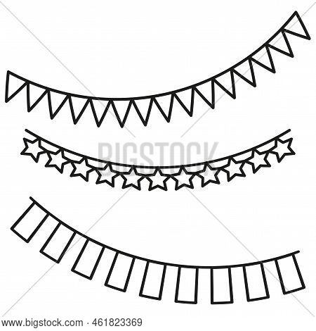 Black Garland Flags Icon. Childish Cute Drawing. Party Decoration. Happy Birthday. Vector Illustrati
