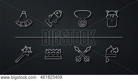Set Line Hunting Horn, Mace With Spikes, Viking Head, Medieval Arrows, King Crown, Fish, Horned Helm