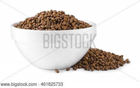 Bowl With Buckwheat Tea Granules On White Background