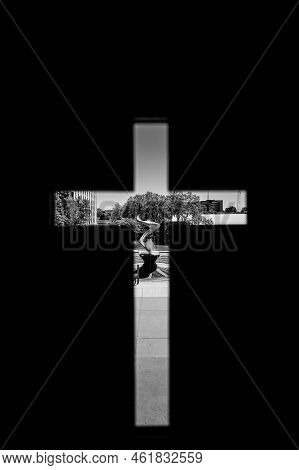Omaha, Nebraska, Us - 5.2022 - View Out Of A Cross Window Of St. Johns Parish Catholic Church On The