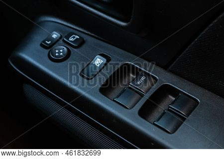 Novosibirsk, Russia - September 16 , 2022: Blue Suzuki Wagon R,   Arm Rest With Window Control Panel