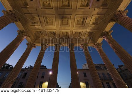 View From Maison Carree By Night, Raman Temple In Nimes, France