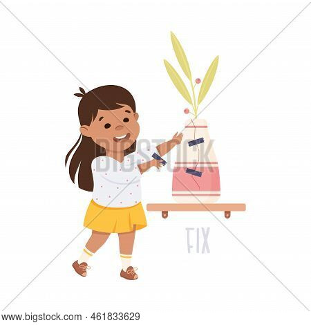 Little Girl Fixing Broken Vase Demonstrating Vocabulary And Verb Studying Vector Illustration