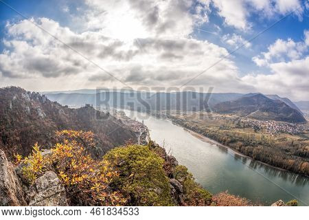 Panorama Of Duernstein Village With Castle And Danube River During Autumn In Austria, Unesco