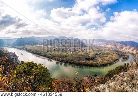 Panorama Of Wachau Valley With Ship On Danube River During Autumn In Austria, Unesco