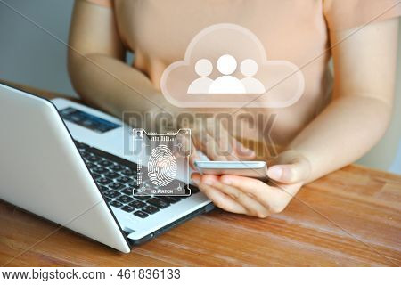 Asian Woman Using Mobile Phone Verifying Identity Scan Finger Print Sign In Cloud Personal Daa Stora