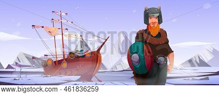 Viking, Scandinavian Warrior, Cartoon Character. Man Barbarian Soldier With Beard Wearing Horned Hel