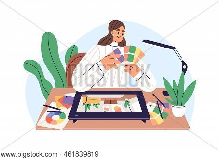 Interior Designer Choosing Colour Scheme For Home Design With Color Palettes. Work Under House Proje