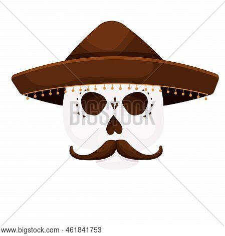 Dead Day, Skull Decorated With Traditional Hat And Mustache, Mask, Halloween Celebration In Cartoon 