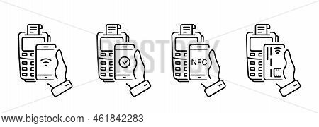 Cashless Payment Transaction With Nfc Technology Line Icon. Pos Pay Processing Pictogram. Smartphone