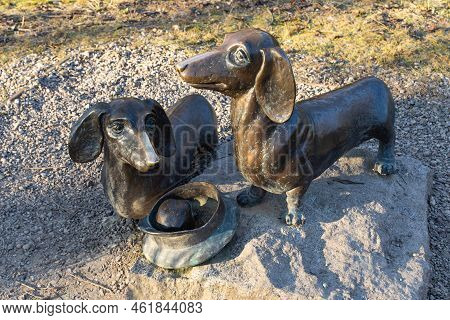 Moscow Region, Russia - November 21, 2019: Monument To The Dachshunds Of The Russian Writer Anton Ch
