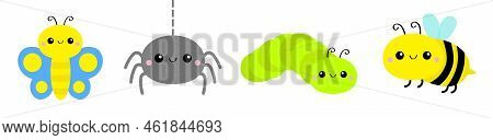 Butterfly, Spider, Bee Bumblebee, Caterpillar Catapillar, Honeybee. Insect Set Line. Cute Cartoon Fu
