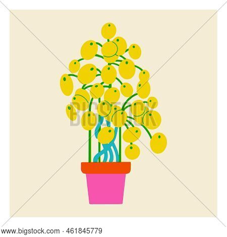 Flower In A Pot. House Plant Icon With Leaves In Risograph Style. Contrasting Three-color Vector Ill
