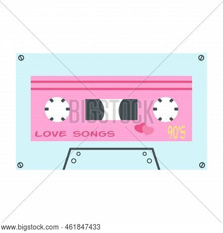 Retro Cassette Sticker In Pink And Blue Colors. Vector Illustration Of Audio Mixtape With Love Songs