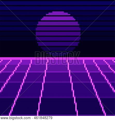 Pixel Art Retro Wave Sci-fi Background With Sunrise Or Sunset. Pixel Art 80s. Pixel Art 8bit Game