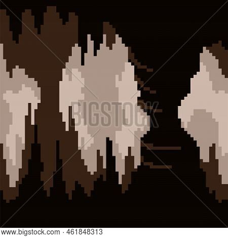 Pixel Art Game Background, Underground Cave With Stalactites And Stalagmites. Vector Seamless Backgr