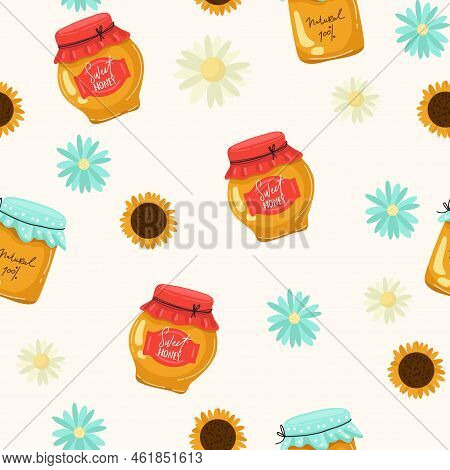 Seamless Pattern With Honey Jar, Sunflower, Leaves And Spoon On A Dark Background. Honey Products. G