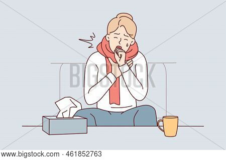 Unhealthy Young Man Sit On Sofa At Home Struggle With Covid-19 Symptoms. Unwell Sick Guy Feeling Bad