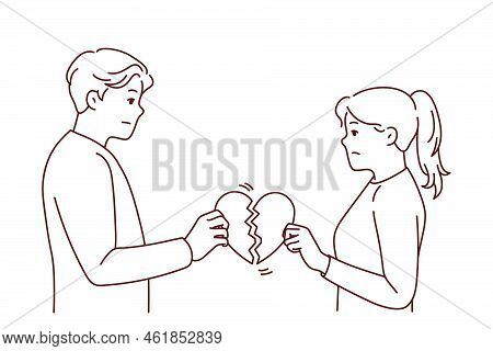 Unhappy Couple Holding Broken Heart Suffer After Breakup Or Split. Upset Man And Woman Break Up Rela