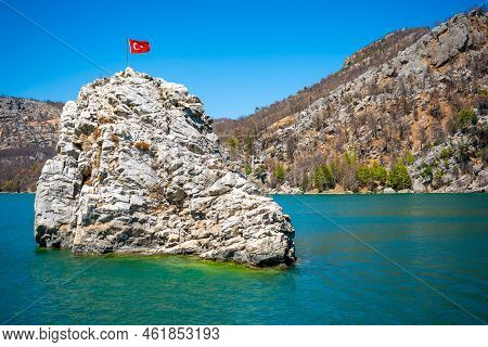 Mountain Lake. Emerald Water Reservoir Behind The Dam Oymapinar. Green Canyon In Manavgat Region, Tu