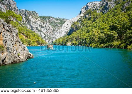 Mountain Lake. Emerald Water Reservoir Behind The Dam Oymapinar. Green Canyon In Manavgat Region, Tu