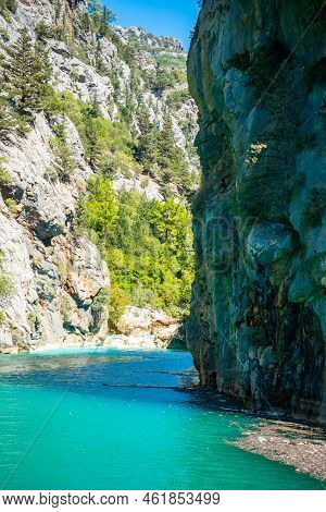 Mountain Lake. Emerald Water Reservoir Behind The Dam Oymapinar. Green Canyon In Manavgat Region, Tu