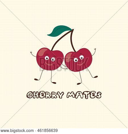 Cute Cherry Sisters Characters On Yellow Background Illustration. Red And Pink. Perfect For Baby Gir