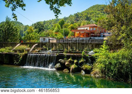 Ulupinar, Turkey - September 9, 2022: Dam And Fish Farm Near Tropic Restaurants On The River. Places