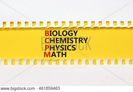 Bcpm Biology Chemistry Physics Math Symbol. Concept Words Bcpm Biology Chemistry Physics Math On Yel