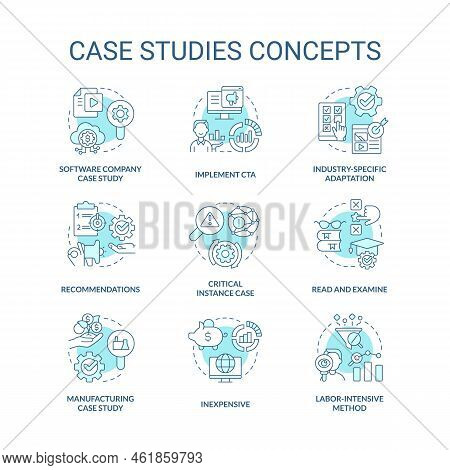 Case Studies Turquoise Concept Icons Set. Examination Of Events. Researching Process Idea Thin Line 