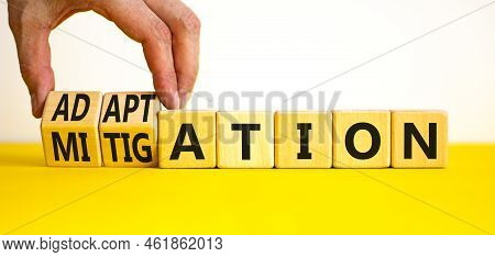 Adaptation Or Mitigation Symbol. Businessman Turns Cubes And Changes The Concept Word Mitigation To 