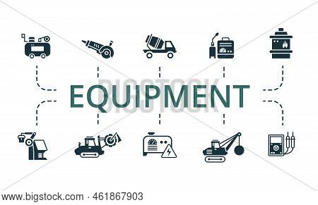 Equipment Icon Set. Contains Editable Icons Machinery Theme Such As Trencher, Mixer Truck, Multimete