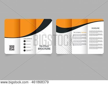 Trifold Brochure In Orange Black Colors. Brochure With Rounded Corners.