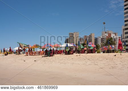 Fortaleza Ceara, Brazil, September 13 2022 Colorful Umbrellas Along Iracema Beach In The Meireles Ne
