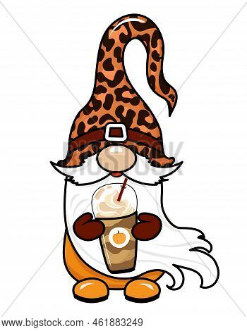 Adorable Gnome With Pumpkin Spice Latte - Thanksgiving Gnome With Coffee. Nordic Magic Dwarf. Cute H