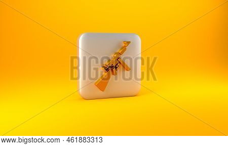 Gold Thompson Tommy Submachine Gun Icon Isolated On Yellow Background. American Submachine Gun. Silv