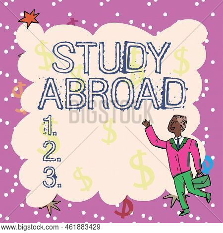 Conceptual Display Study Abroad. Business Showcase Pursuing Educational Opportunities In A Foreign C