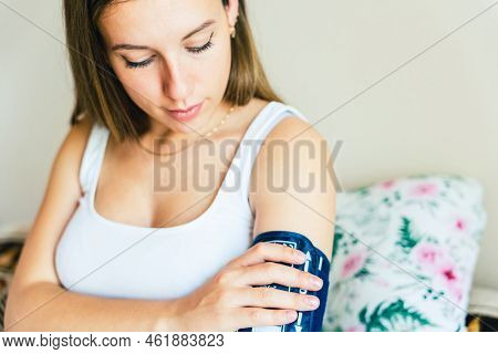 Pregnant Blood Pressure Check Hypertension. Pregnancy Mother With Blood Test Hypertension Check Pres