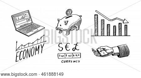 Economy Poster. Finance And Money. Piggy Bank, Calculator And Graphs. Set Of Hand Drawn Icons For Bu