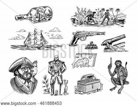 Sea Pirate With A Parrot On His Shoulder. One-legged Marine Sailor. Sailboat And Monkey, Chest Of Go